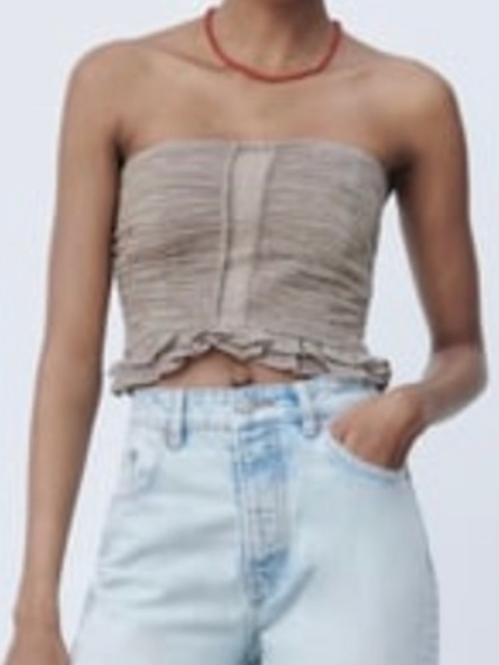 Zara Strapless Ruffle Hem Crinkle Crop Top - Mauve Taupe
